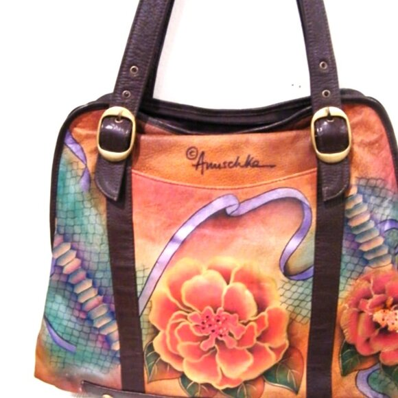 1990's Anuschka Python Bloom Large Hand painted Leather Tote Handbag SHIPS FREE - Picture 3 of 12
